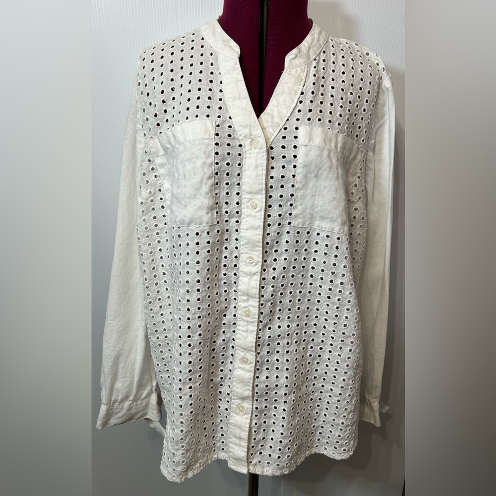 Crown & Ivy White Linen Eyelet Blouse XL